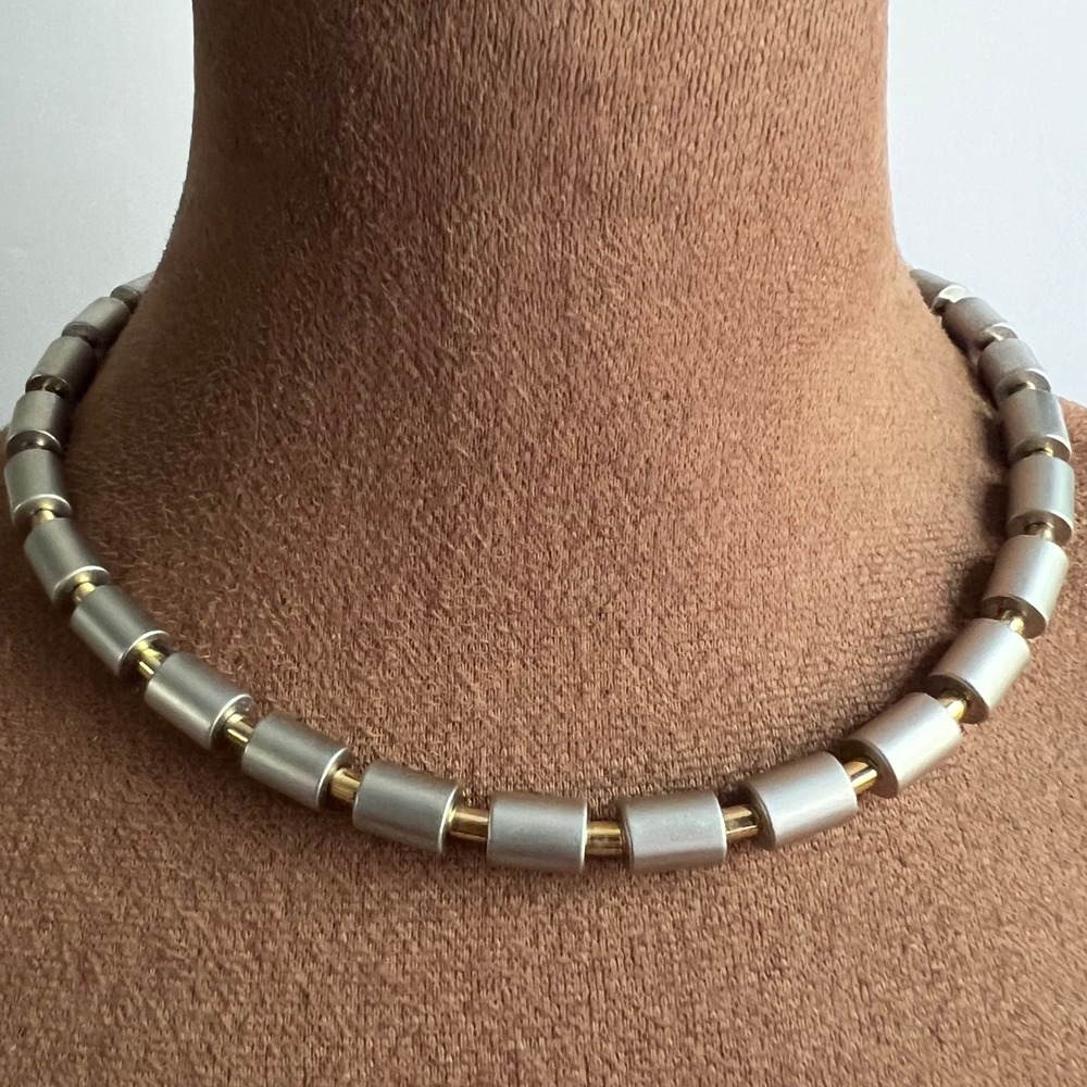 Vtg Two Tone Silver Gold Cylinder Bead Magnetic Choker Necklace 17" Minimalist